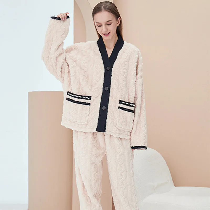 

Winter Women's Coral Fleece Loungewear Suit Flannel Pajamas Set Thick Warm Cardigan Couples Home Wear Clothes Femme Pyjamas