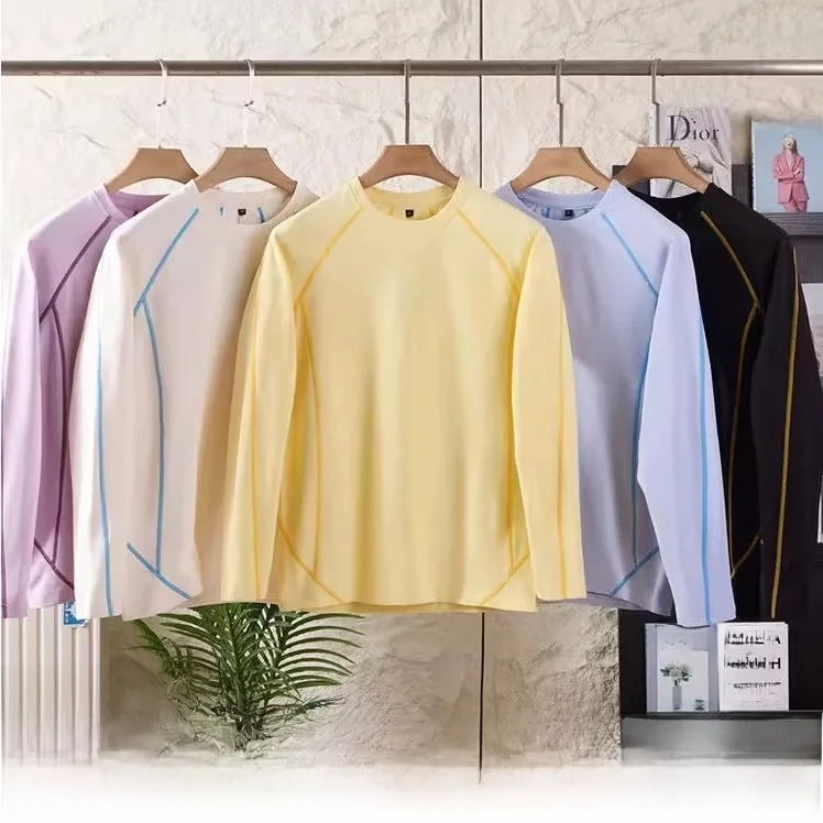 

Outdoor Couple Sle Long Sve Fce Lined round Ne Colion Color Four Needle Six Tead Base irt Stand Fit T-irt