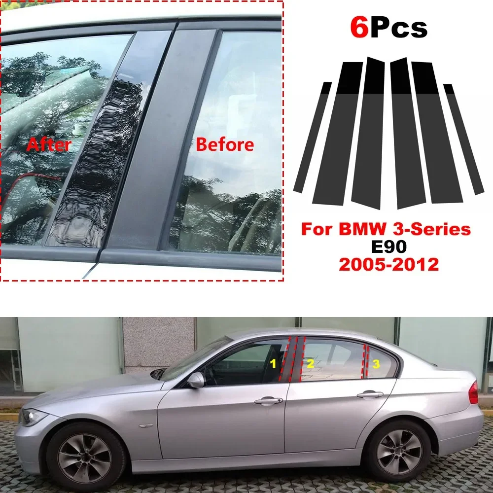 

6Pcs Car Door Window Pillar Posts Trim Covers for BMW 3-Series E90 2005 2006 2007 2008 2009 2010 2011 2012 Sticker Black Decal