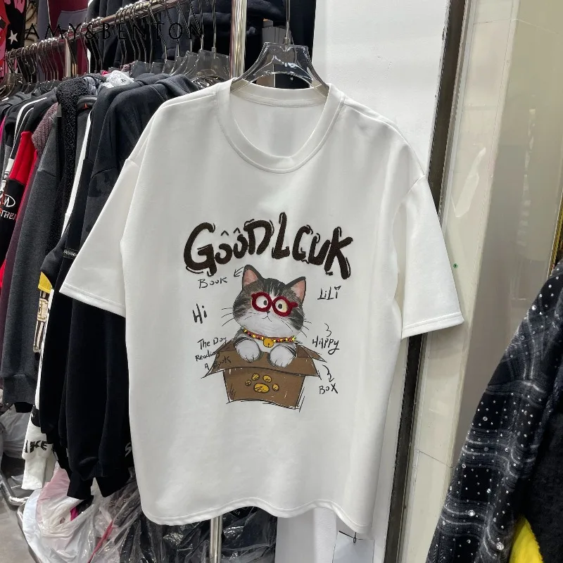 

Y2k футболка средней длины, осень-зима, утолщенная футболка с граффити и котом, двусторонняя флисовая футболка с мягкой начесом, футболки с короткими рукавами