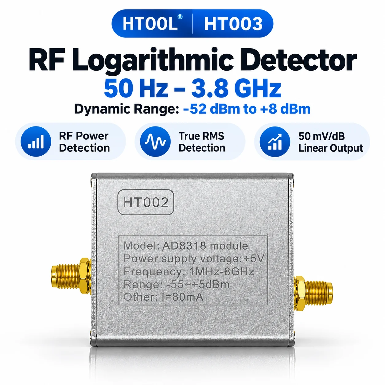 RF Power Detector AD8362 50Hz-3.8GHz True RMS Logarithmic Detector Module -52 to +8dBm 50mV/dB SMA HTOOL HT003