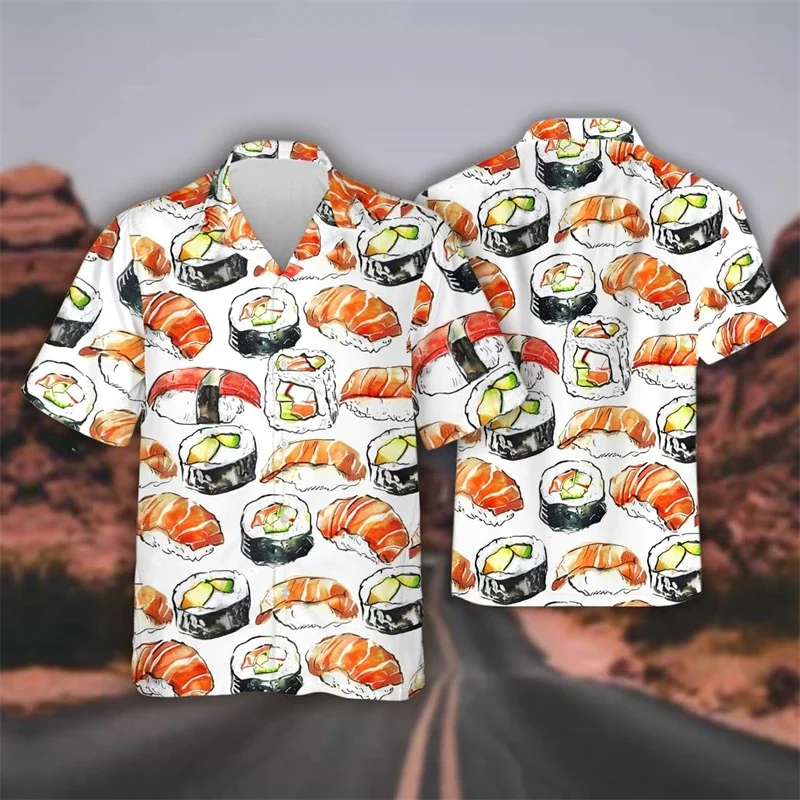 Hawaiian Delicious Fast Food Bento Sushi Shrimp Graphics Women's Beach Shirt Hip Hop Rice Ball Lapel Shirt Men's Top Shirt