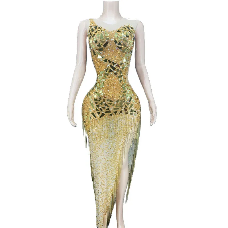

Rhinestone Women Sparkly Gold Mirror Fringes Long Dress Birthday Party Outfit