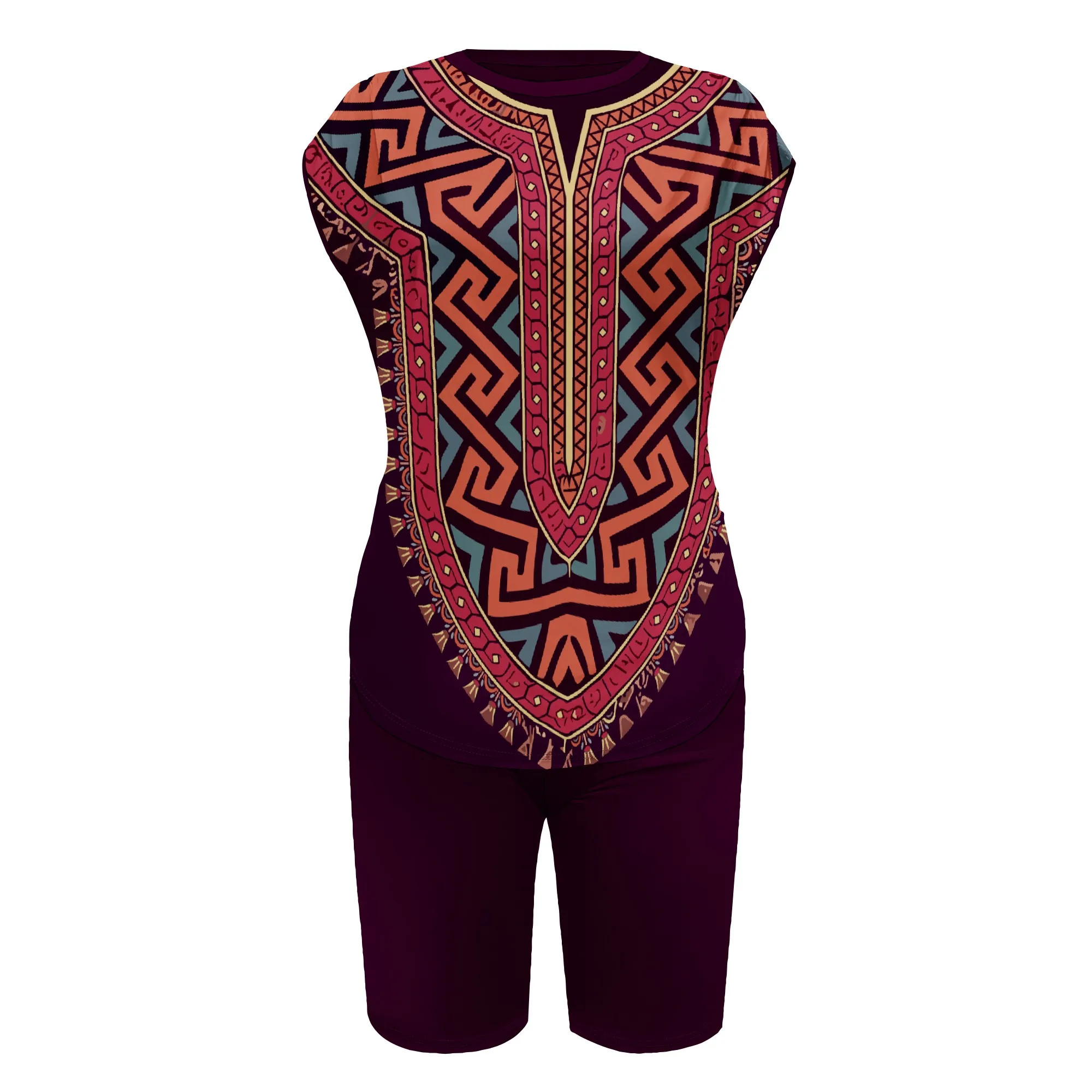 African Print Dashiki Top And Shorts Set, Ethnic Pattern Tunic With Biker Bottoms, Summer Vacation Outfit For Women, S-3XL