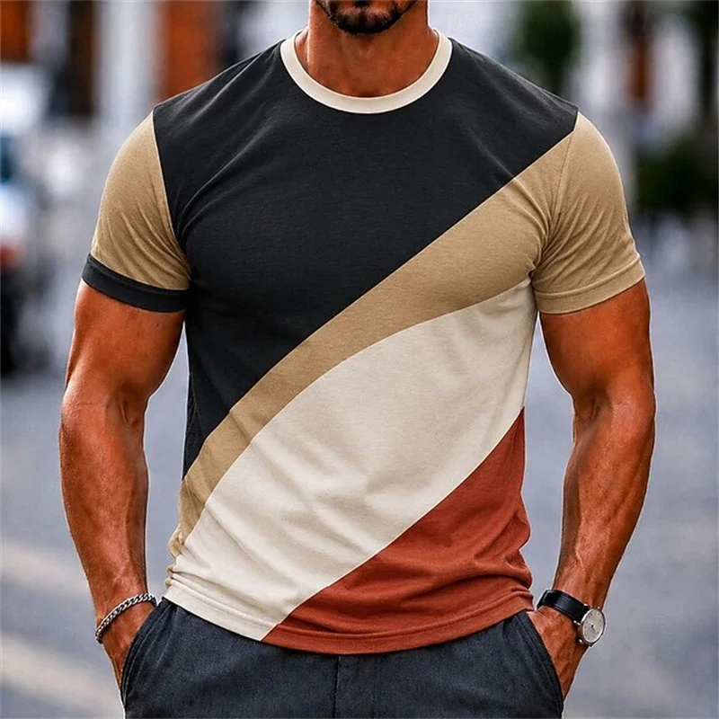 Fashion Men's Geometric Patchwork T Shirt Multi Color Stripe Slim Fit Summer Street Top Trendy Casual Short Sleeve Tees