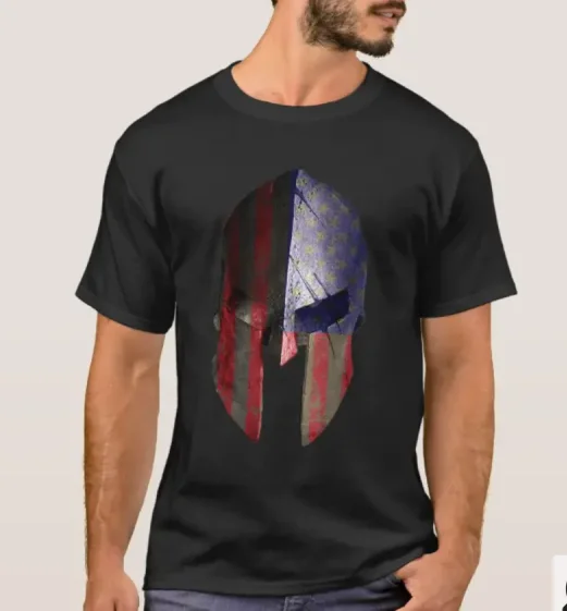 American Flag Spartan Helmet T-Shirt. Summer Cotton Short Sleeve O-Neck Mens T Shirt New S-3XL