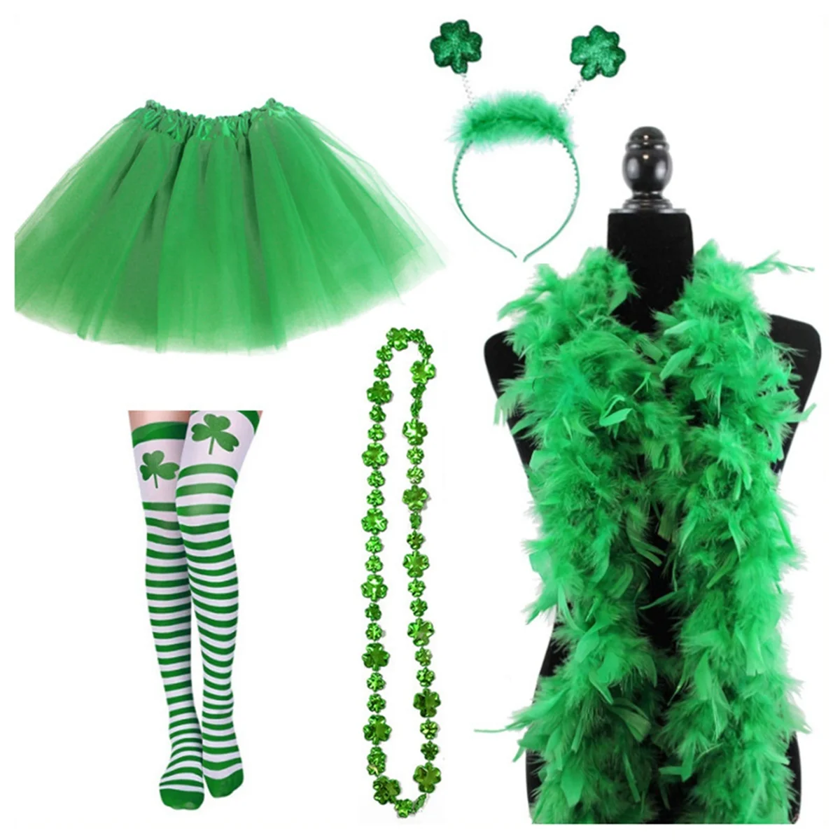 St. Patrick's Day Costume Set Striped Socks 3 Layered Tulle Tutu Shamrock Headband Necklaces for Party Festival Decor