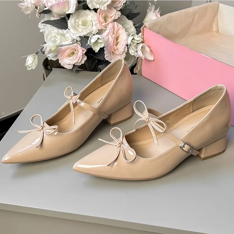 

Pointed Toe Pumps Women Shoes Bowknot Patent Leather High Heels Buckle Elegant Chunky Heel Mary Jane Shoe Women Zapatos De Mujer
