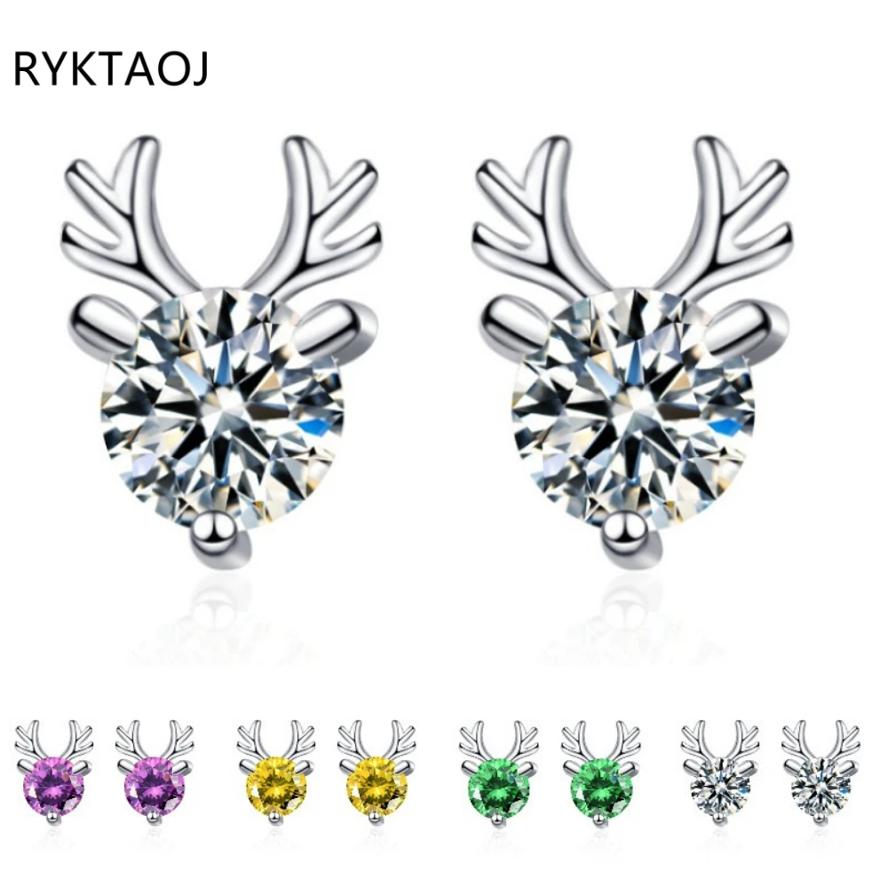 925 Sterling Silver Women Deer Antler Stud Earrings Multi‑Color Round CZ Zircon Ear Studs Christmas Party Fine Jewelry Gift