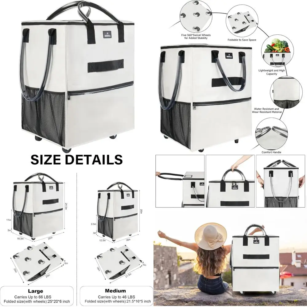 

Heavy-Duty Foldable Rolling Tote Bag with Wheels and Zippered Top for Grocery Shopping