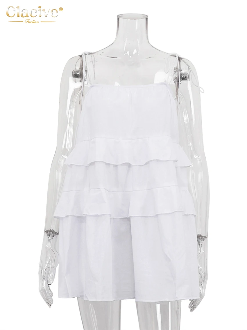 Clacive Sexy Loose White Cotton Women\'s Dress 2024 Summer Strap Sleeveless Mini Dresses Elegant Classic Ruffle Female Dress
