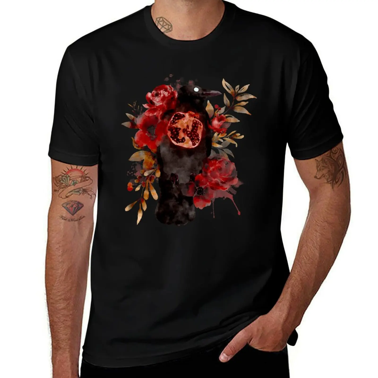 Autumn Oracle Crow Pomegranate Watercolor T-Shirt Basic Casual Wear Short Sleeve Top T-Shirt