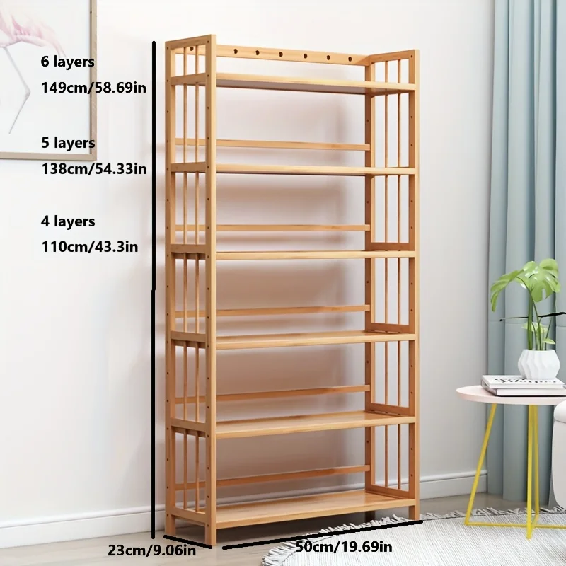 

4/5/6 Tier Adjustable Bamboo Wood Floor Rack - Natural Wood Color, Easy to Assemble, 27 Inch Height, Multi-Function Storage