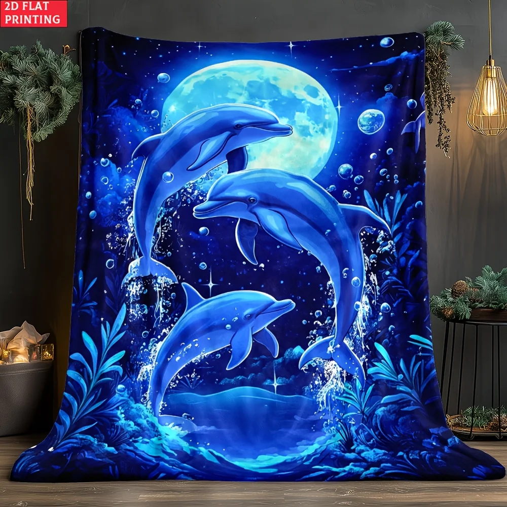 1pc Dolphin Moonlight Underwater Scene Blanket. Blanket - Lightweight Fleece Home Goods Bedding Blanket, Suitable for Sofa, Bed,