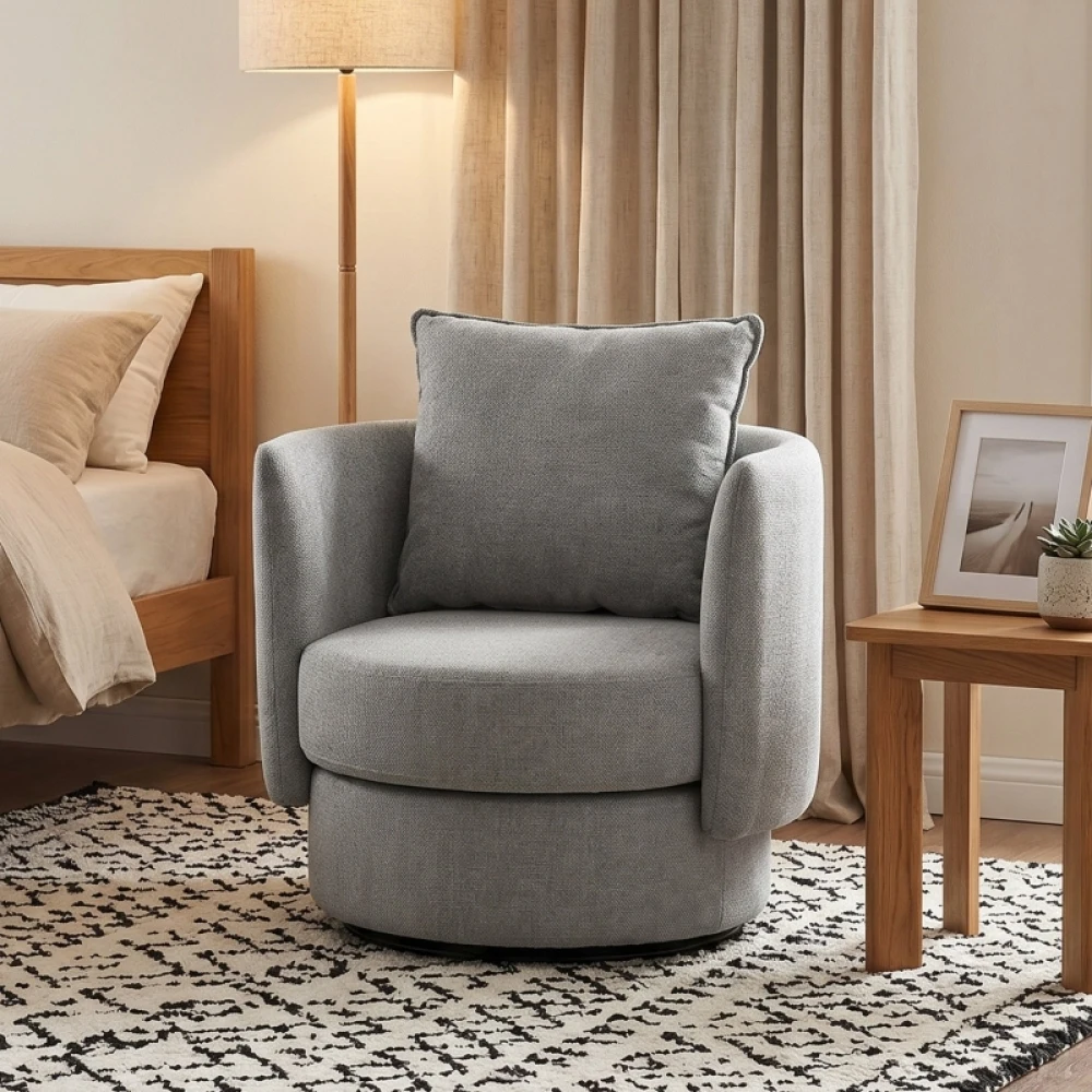 Fauteuil d'appoint avec base pivotante à 360 degrés, fauteuil club en lin avec coussin, gris clair, support à ressorts ensachés et ressorts en S, 62W x 70D cm, tissu respirant, fauteuil de lecture pour salon