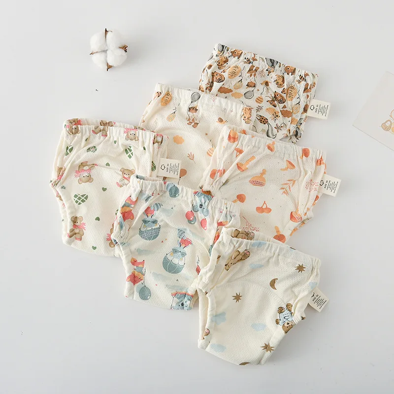 Cotton Baby Cloth Diaper Gauze Training Pants Breathable Cute Animals Toddler Learning Pants Washable Reusable Kids Underwear