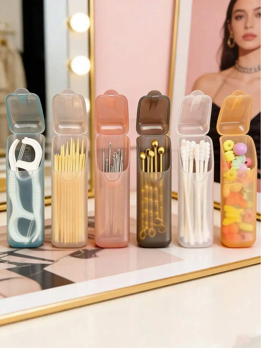 

6-Pack Compact Flip Lid Organizer Cases For Dental Floss, Toothpicks, Cotton Swabs, Pills & Candy – Travel-Friendly, Leakproof,