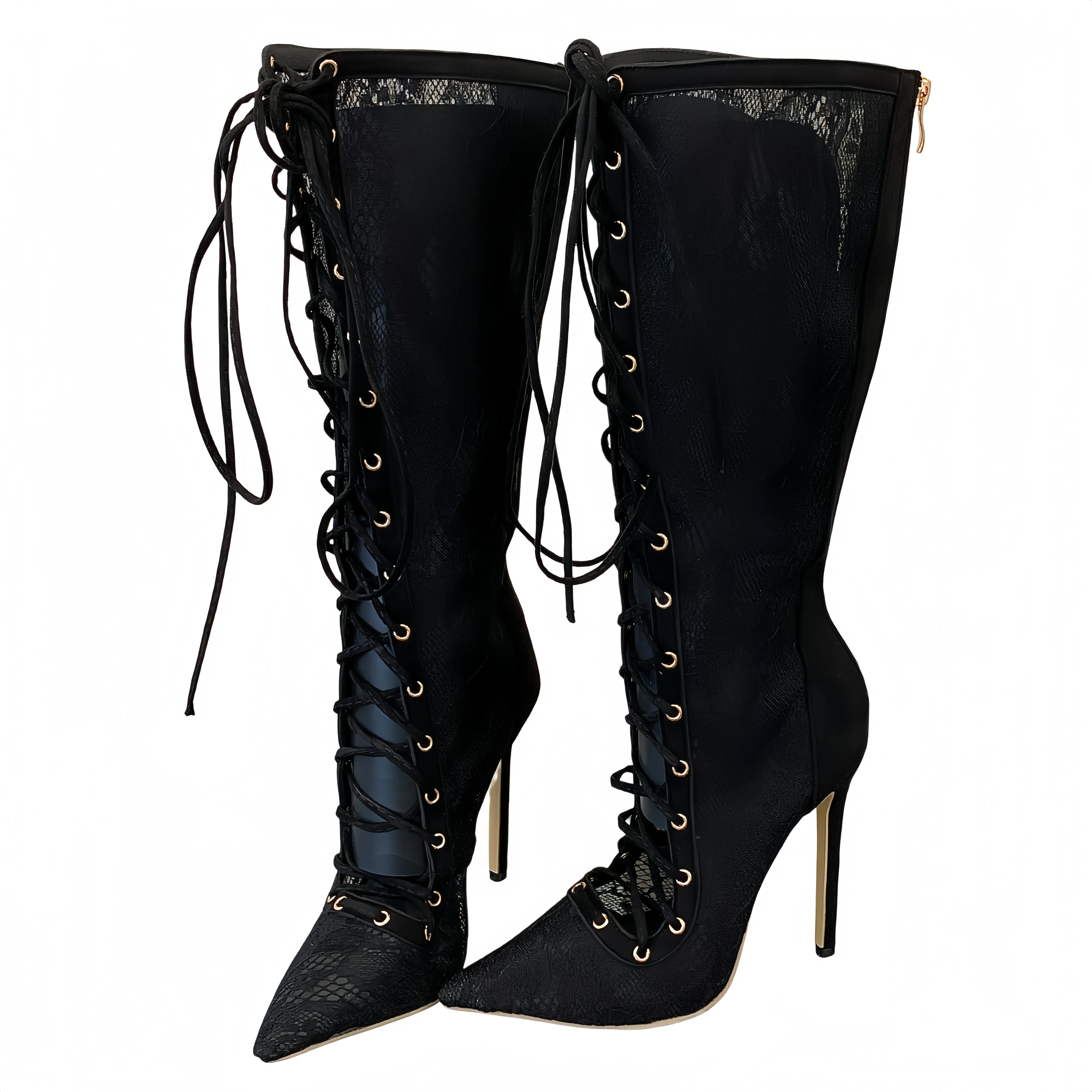 Handmade Women Black Knee High Lace Up Stiletto Boots, Pointed Toe High Heel Boots With Gold Eyelet Details Size 35-42