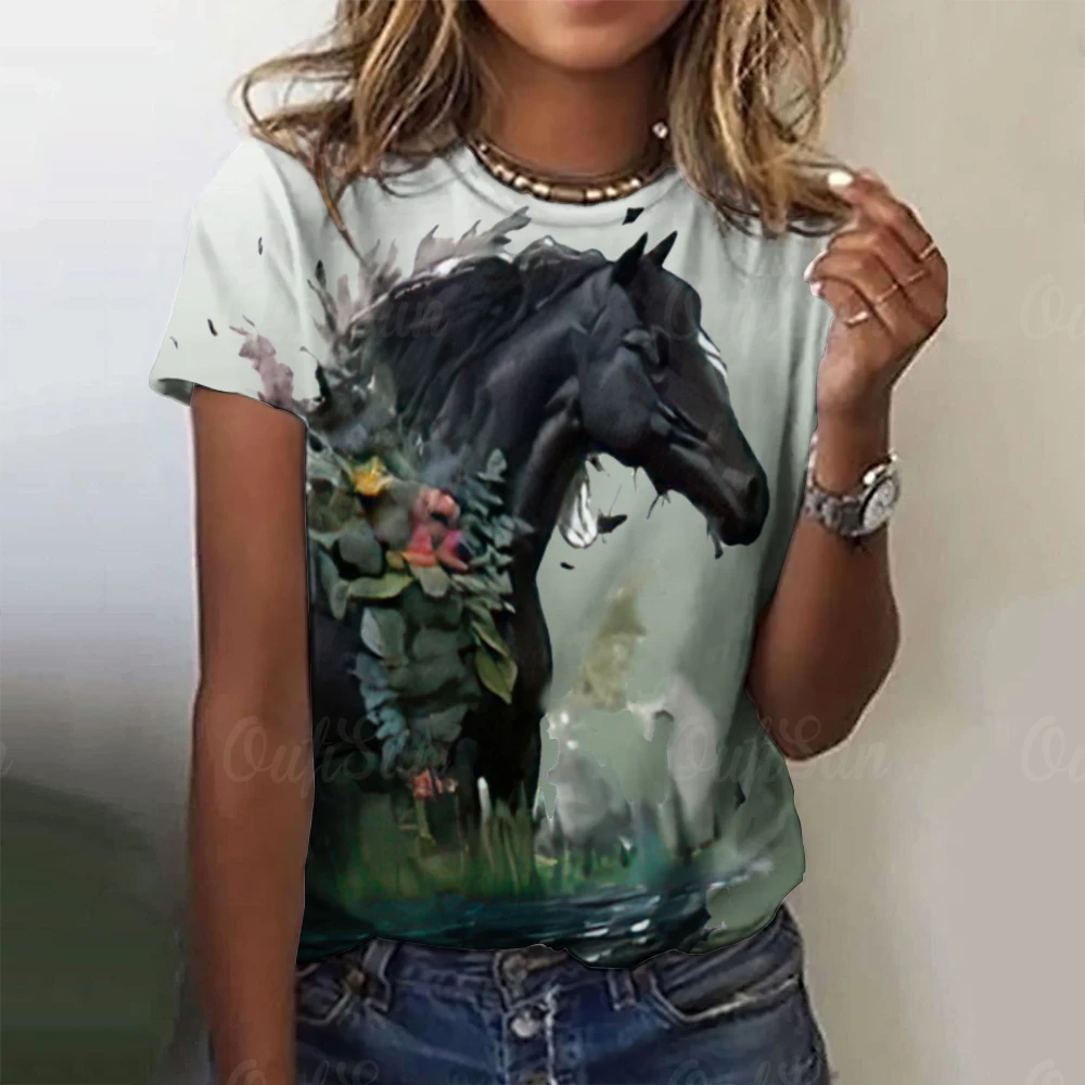 3D Animal Print New Women\'s T-shirts Casual Short Sleeves Horse Pattern Street Tees Tops Summer Loose Women Clothing Pullover