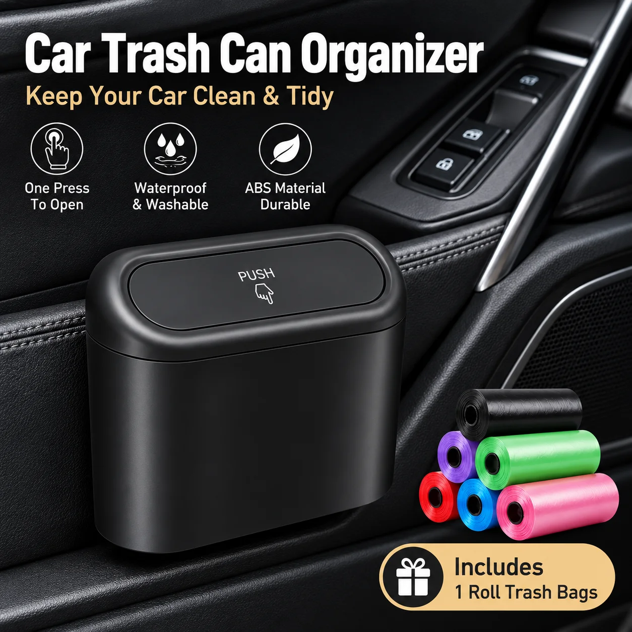 Mini ABS Car Trash Can Organizer Waterproof Clip-On Garbage Bin with Push Lid for Door Seat Back Console and Trash Bag Roll