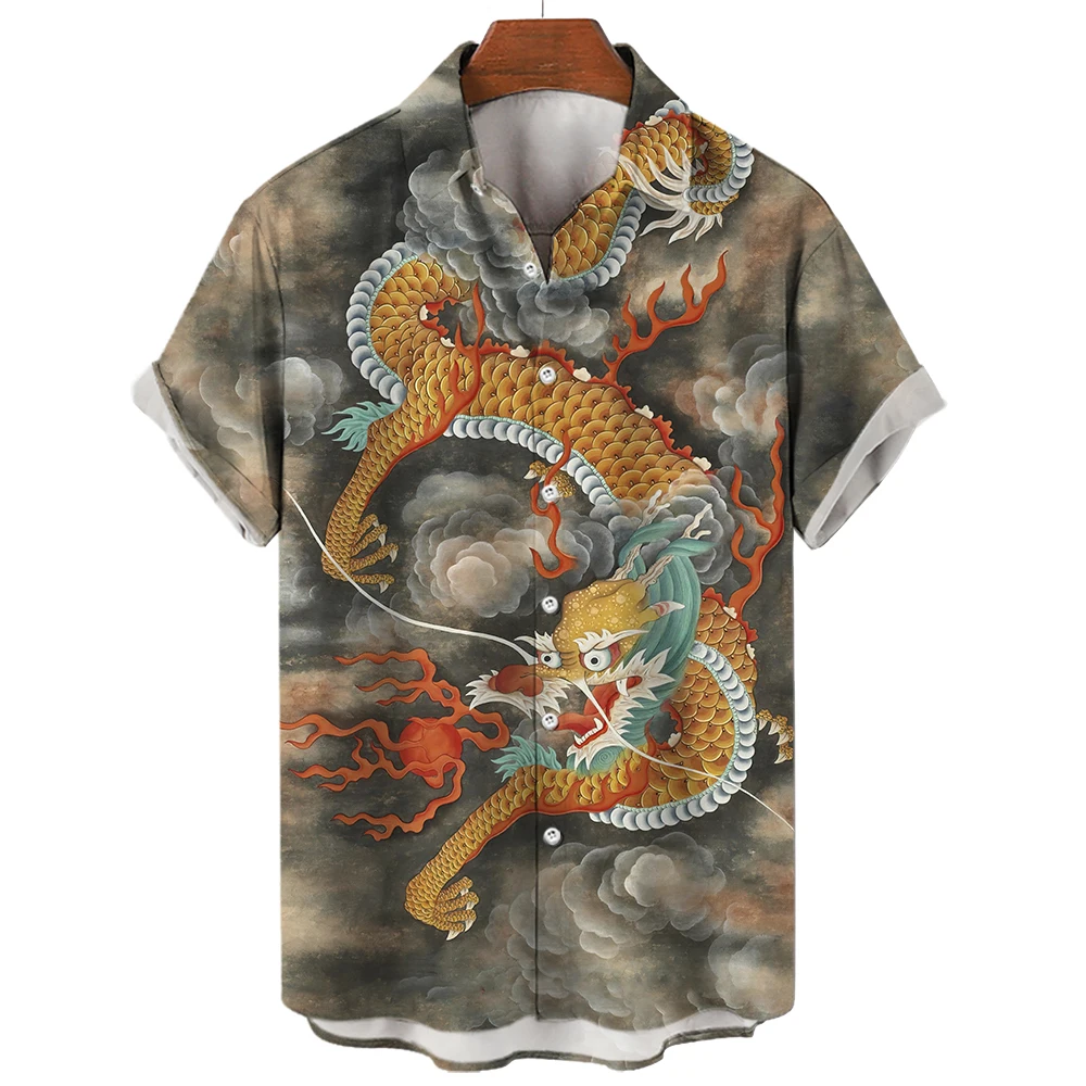 Summer Men Shirt Hawaiian Dragon Tiger Animal Social Oversized Tropical Short Sleeve Casual Floral Breathable Y2k Clothes Slim