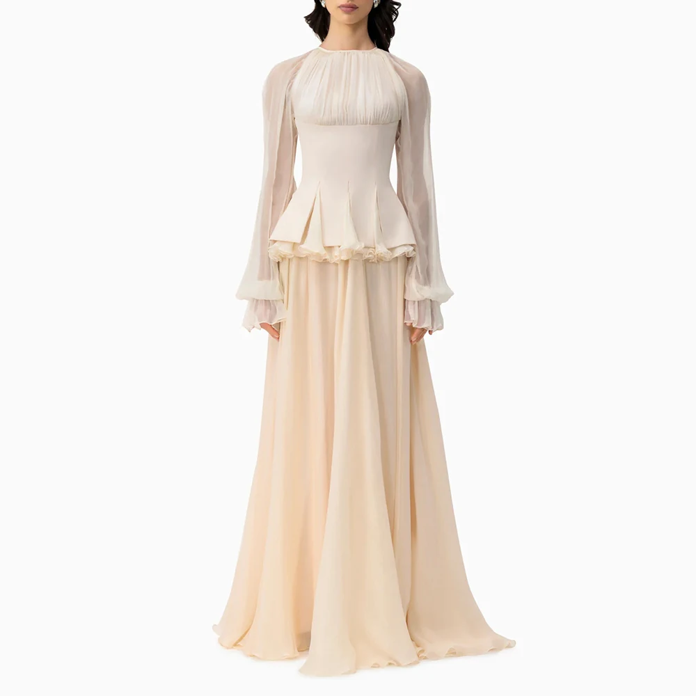 

Customized O-neck Chiffon Beige Evening Dress ILLUSION Full Sleeves Draped Party Dress A-line Zipper Floor Length Prom Gown
