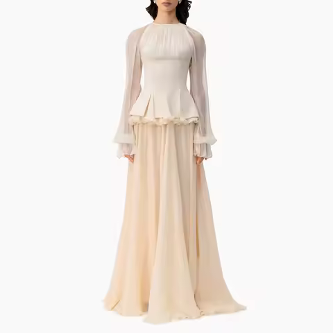 Customized O-neck Chiffon Beige Evening Dress ILLUSION Full Sleeves Draped Party Dress A-line Zipper Floor Length Prom Gown