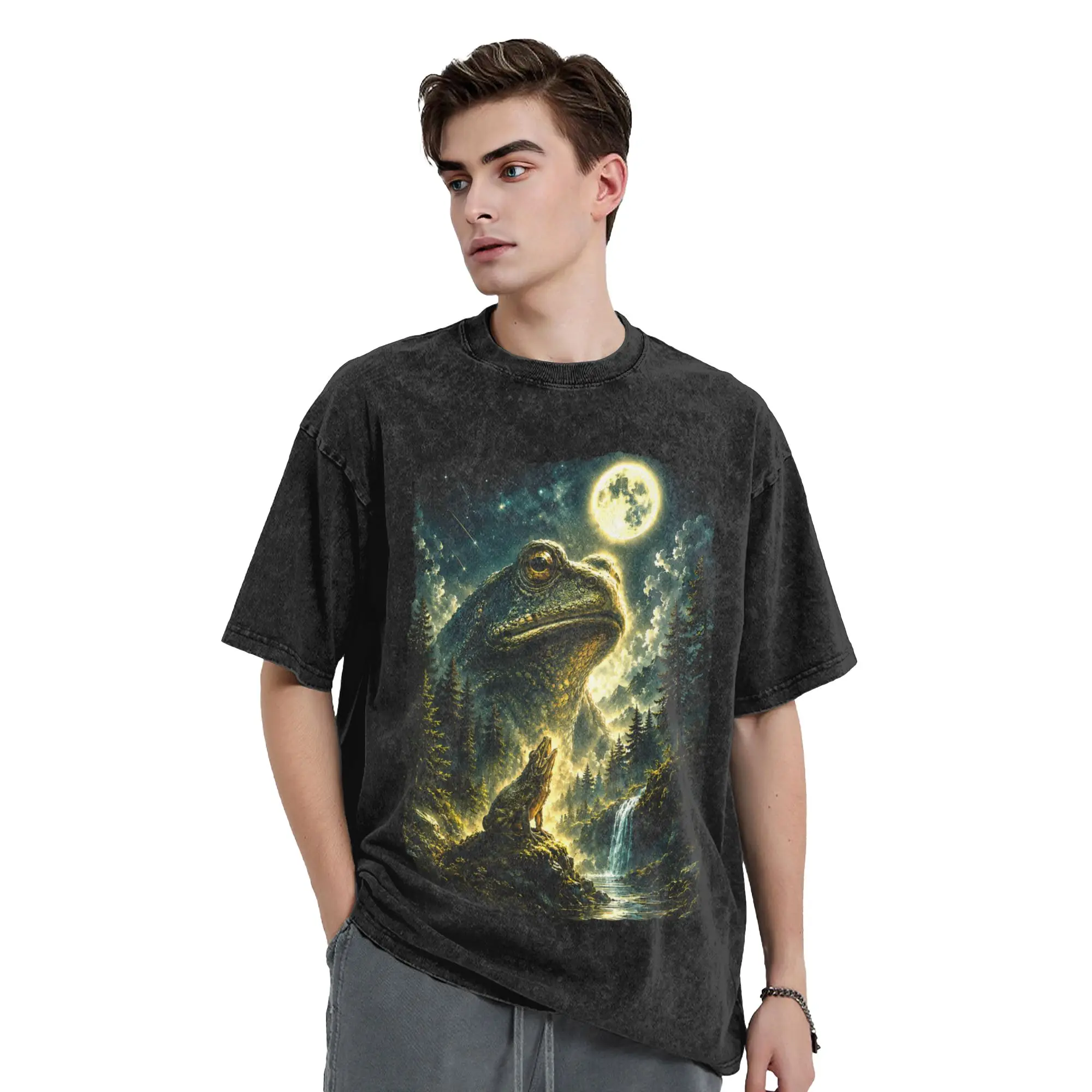 Men's T-Shirt Frog Howling to Moon Funny Frogs Howl at The Moon Frog Meme Washed T Shirts Hip Hop  Summer Tee Shirt Vintage