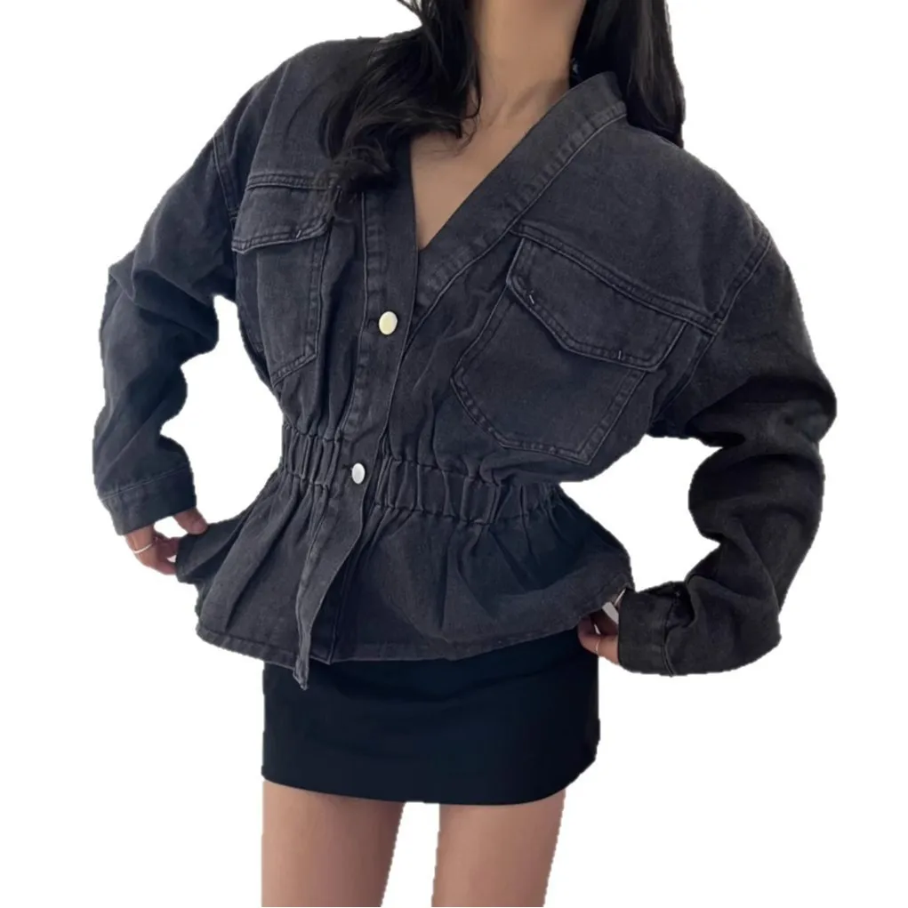 스파이스 걸 데님 허리 셔츠 여성 봄 신상 오프숄더 디자인 감각 큰 포켓 스티치 V넥 탑