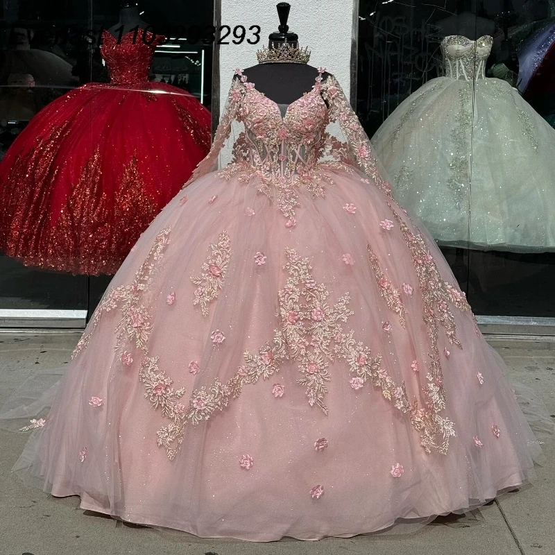 إيفلاست الوردي Quinceanera ثوب الكرة مع الرأس ، 3D الزهور الدانتيل زين ، طويلة الأكمام ، الحلو 16 ، tqd282