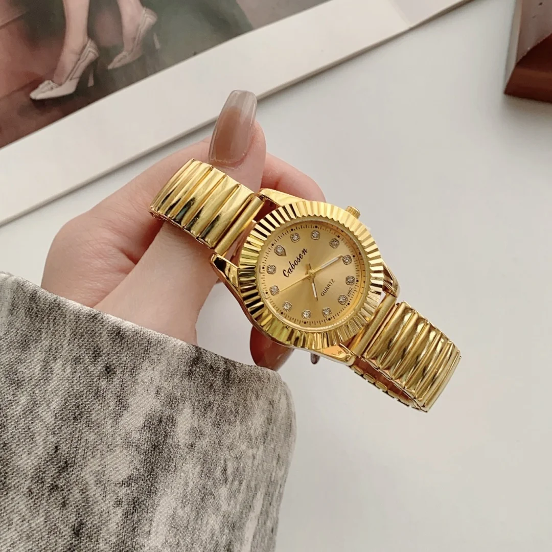 Reloj de cuarzo con puntero redondo dorado, reloj de pulsera clásico con banda elástica de simulación, adecuado para parejas masculinas y femeninas