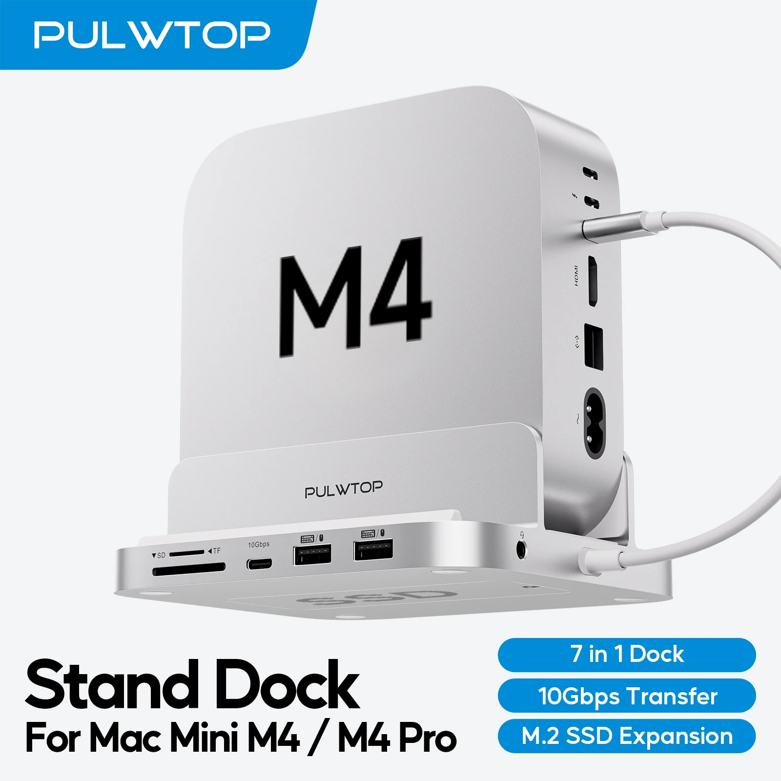 محور PULWTOP Vertical Mac Mini M4 مع حاوية M.2 SSD، USB A/C 3.2، ميكروفون صوتي، SD/TF، USB-C Hub لجهاز Mac Mini M4/M4 Pro
