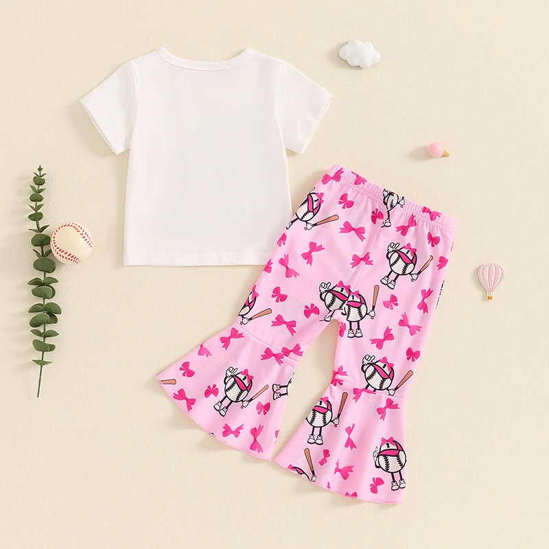 Toddler Baby Girl Summer Outfits Letter Baseball Print Round Neck Short Sleeve T-Shirts Flare Pants Infant 2Pcs Clothes Set