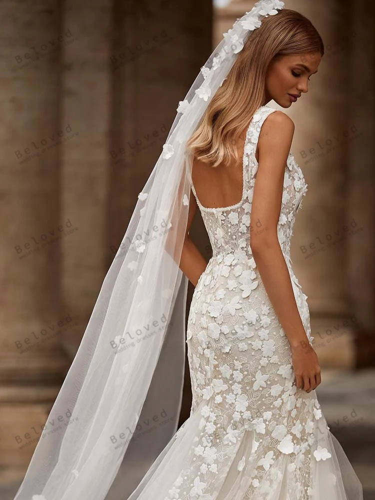 Abiti da sposa glamour abiti da sposa con stampa floreale 3D abiti con colletto quadrato per abiti da festa formale senza schienale De Novia 2024