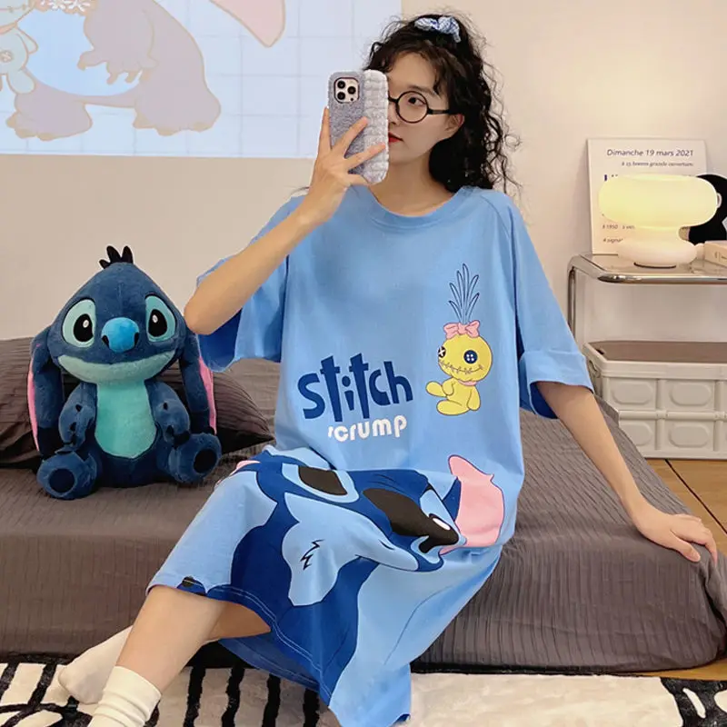 

Disney cartoon cute Stitch nightdress for women's summer cotton loose can be worn outside mid-length pajamas with chest pads