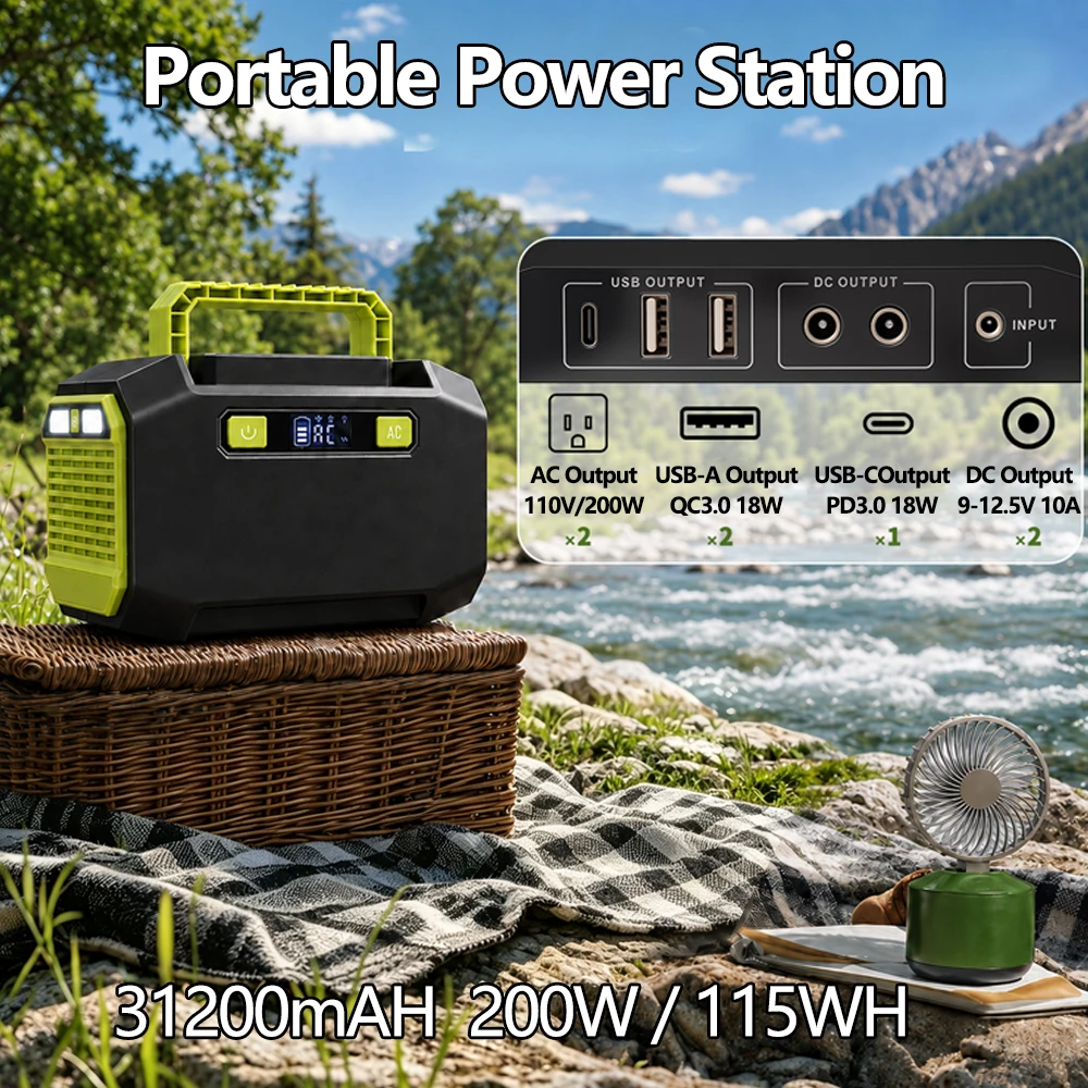 200W Portable Power Station 31200mAh 115Wh Mobile Generator with 110V AC Outlets, PD 18W USB-C & QC 3.0, Emergency LED Light Camping Battery Backup for Laptop, Phone, Drone, RV, Outdoor & Home Use