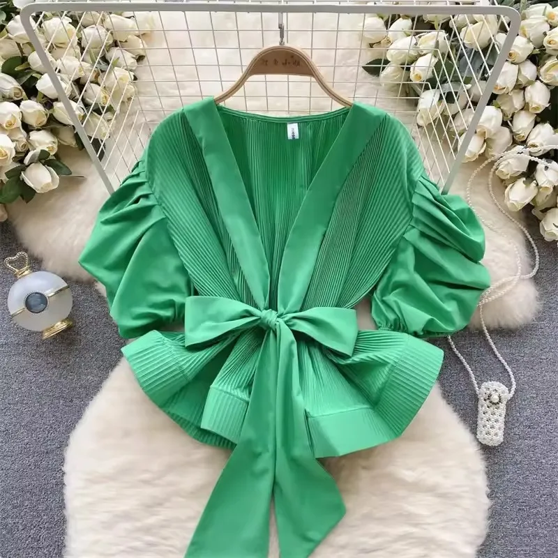 Fashion Solid Women V Neck Shirt  2025 New Summer Bubble Sleeve Blouse Elegant Versatile Waistband Bow Tops Female Clothing