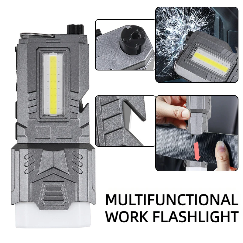 

LED Flashlight with Safety Hammer Rechargeable Magnetic Work Lights Zoomable Portable Torch Outdoor Emergency Lamp For Camping