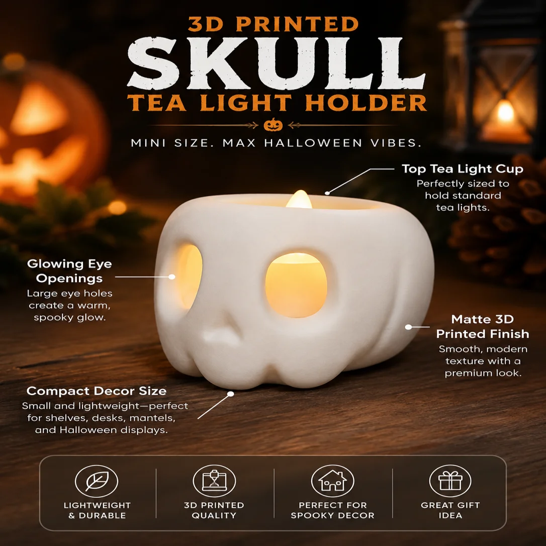 3D Printed White Skull Tea Light Candle Holder, Creative Halloween Decoration, Spooky Ambiance Lighting Ornament, Halloween Gift for Party Decoration Enthusiasts