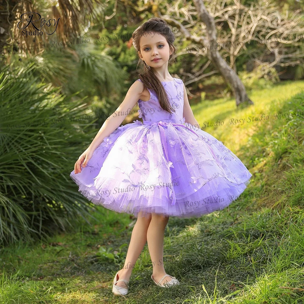 Cute O-neck Sleeveless Lilac Flower Girl Dress Puffy Mini Pageant Gown 3D Floral Birthday Party Dress Kids robe princesse fille