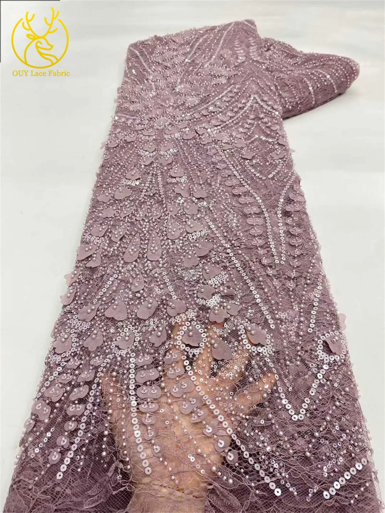 Eleganter Nigerianischer Bestickter Pailletten-Spitzenstoff 2026 Hochwertiger Afrikanischer Französischer Perlen-Spitzenstoff für Damenkleider Nähen – Detail 11