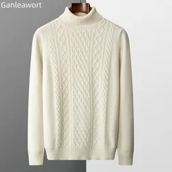Men's Thickened Top 100% Wool Pure Color Sweater High Lapel Jacquard Loose Pullover Large Size Business Casual Knitting Underlay