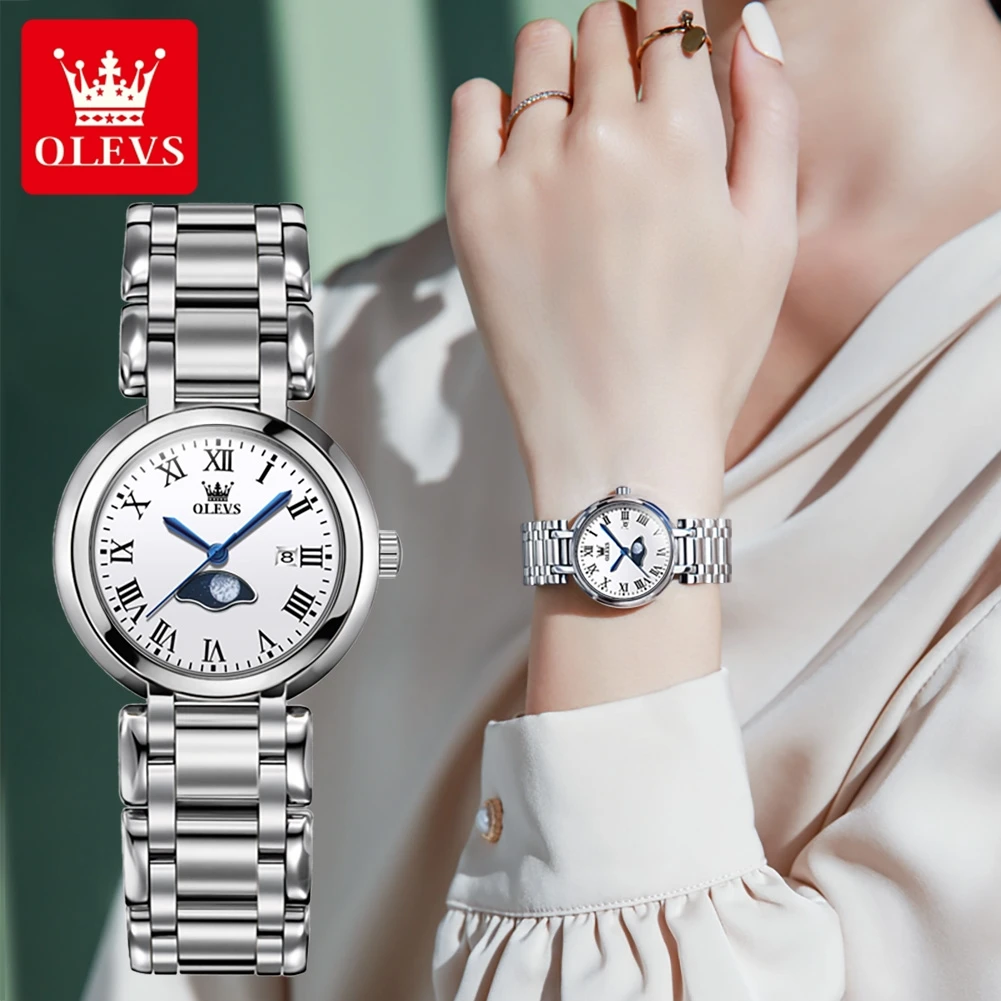 OLEVS 5573 Original Quartz Watches for Women Stainless Steel Waterproof Moon Phase Ladies Wrist Watch Fashion Simple Woman Watch