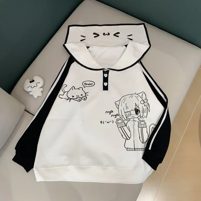 2025 Japanse Cartoon Afdrukken Hoodie Vrouwen Harajuku Sailor Kraag Patchwork Losse Sweatshirt Y2k Esthetische Knop Casual Hoody