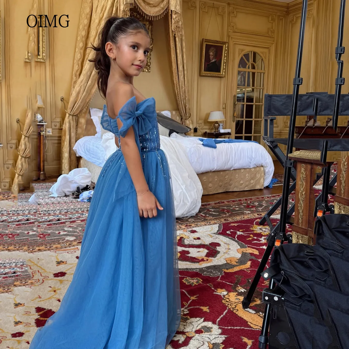 

OIMG Princess Blue Bow Sleeves A-line Flower Girl Dresses Spaghetti Strap Wedding Party Gown Long Birthday Dress Customized