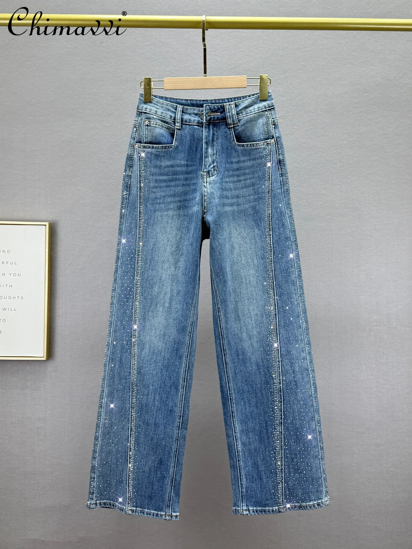 

Women's Jeans 2026 Spring New Fashion Cotton Stretch High Waist Jeans Loose Slimming European Style Rhinestone Wide Leg Pants
