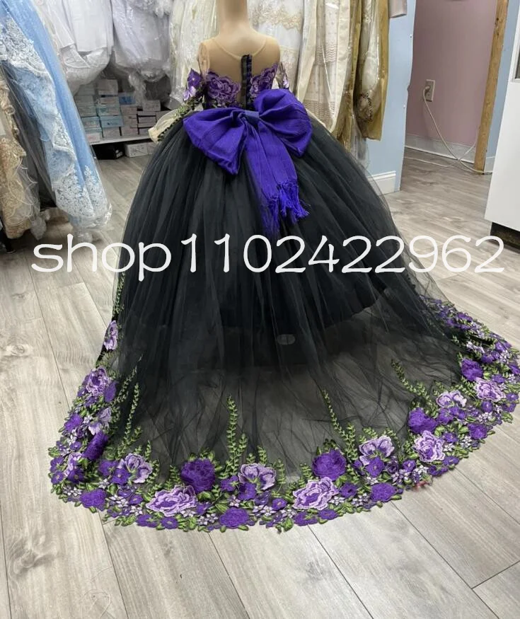 Charro messicano Little Princess Flower Girls abiti 2025 Applique floreale a maniche lunghe con fiocco Teddy Mini abito Quinceanera