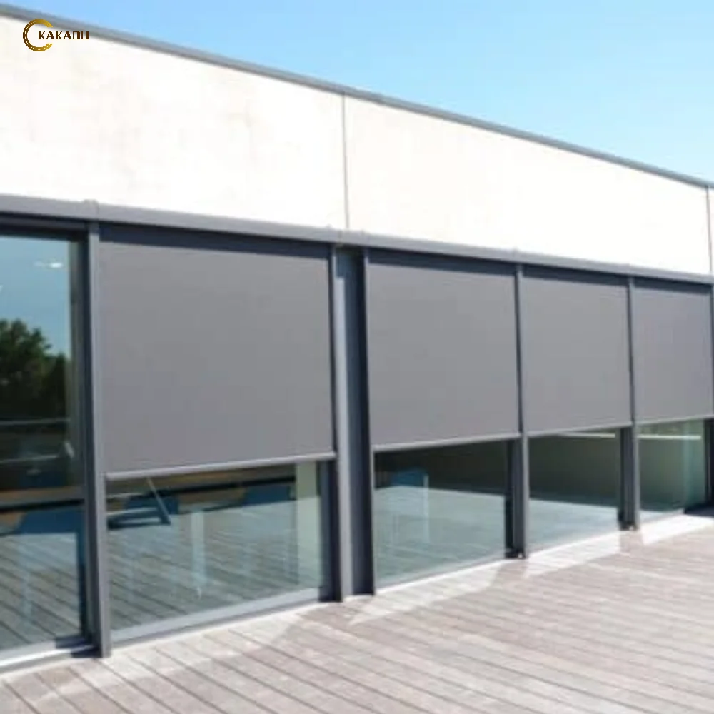 KAKADU Modern Motorized Outdoor Sun Shading Electric Zip Screen Wide Blade Balcony Blinds Shades Plain for Skylight Balconies