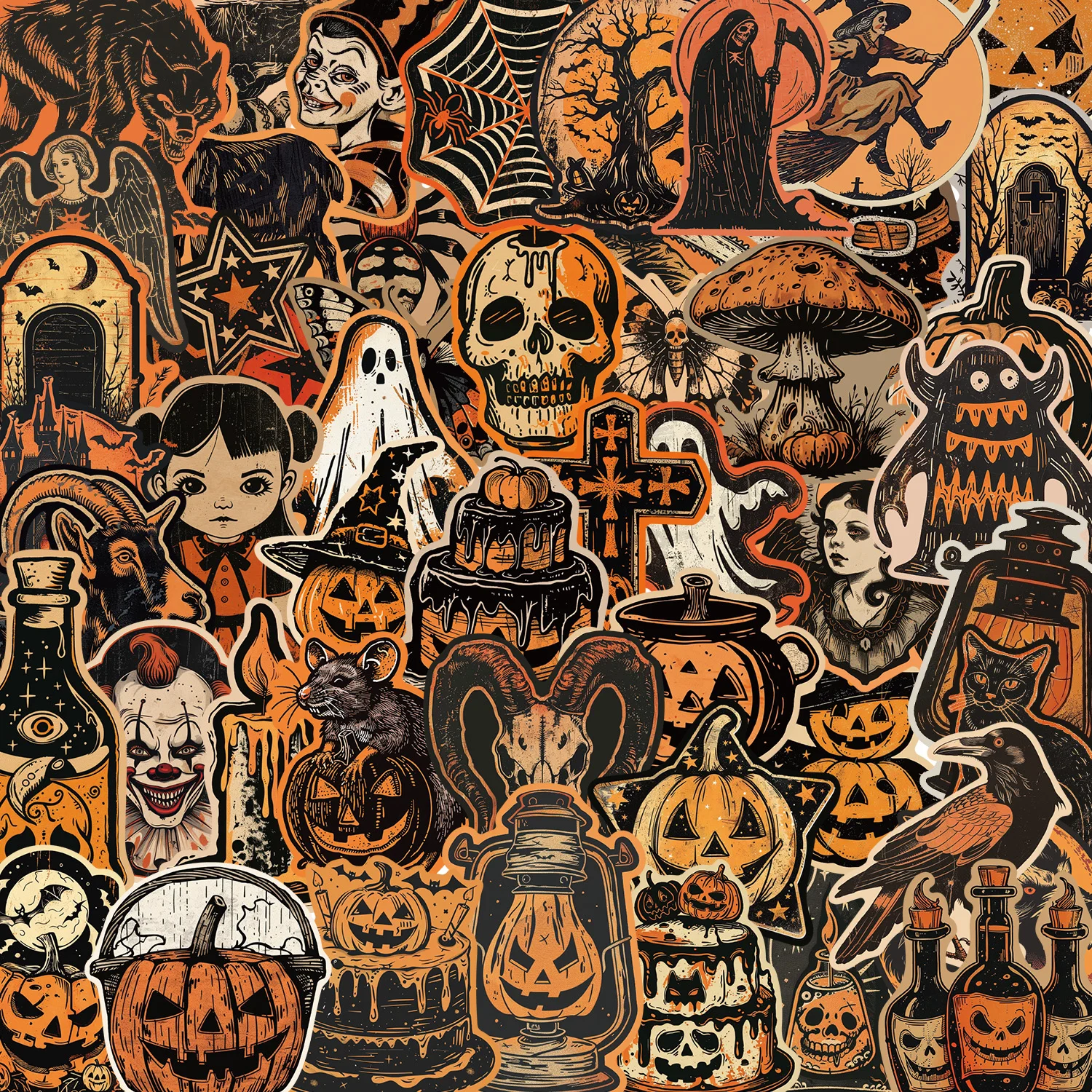 50pcs Halloween Scary Food Stickers Skull Spider Web Ghost Bat Horror Skull Gothic Aesthetic Designs Waterproof Vinyl Decals