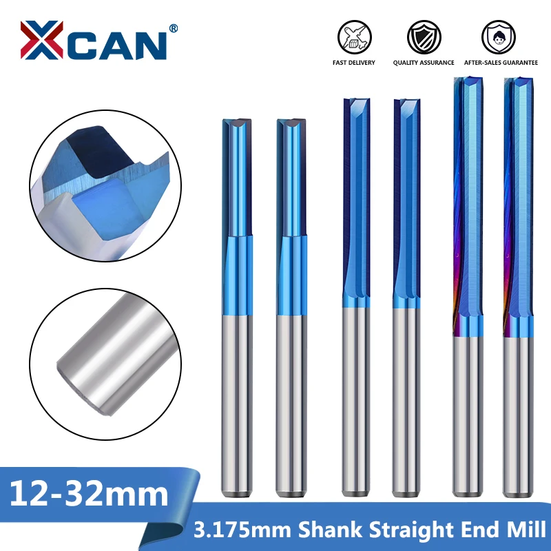 XCAN Straight Milling Cutter 3.175 Shank 2 Flute Carbide End Mill for Wood MDF Plastic CNC Router Bit Milling Tool